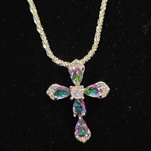 Mystic Topaz Cross set in .925 with 20" diamond cut sterling necklace